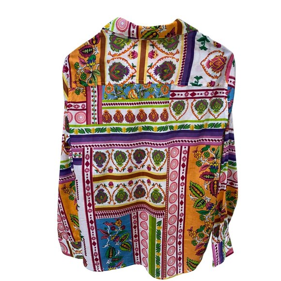 Sigrid Olsen Womens M Multicolor Boho Patchwork Print Button-Up Long-Sleeve Shir - Picture 3 of 8